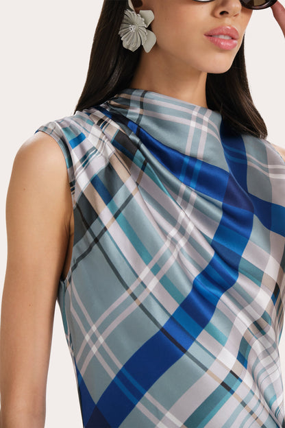 Elie Tahari Grace Silk Charmeuse Plaid Draped Midi Dress