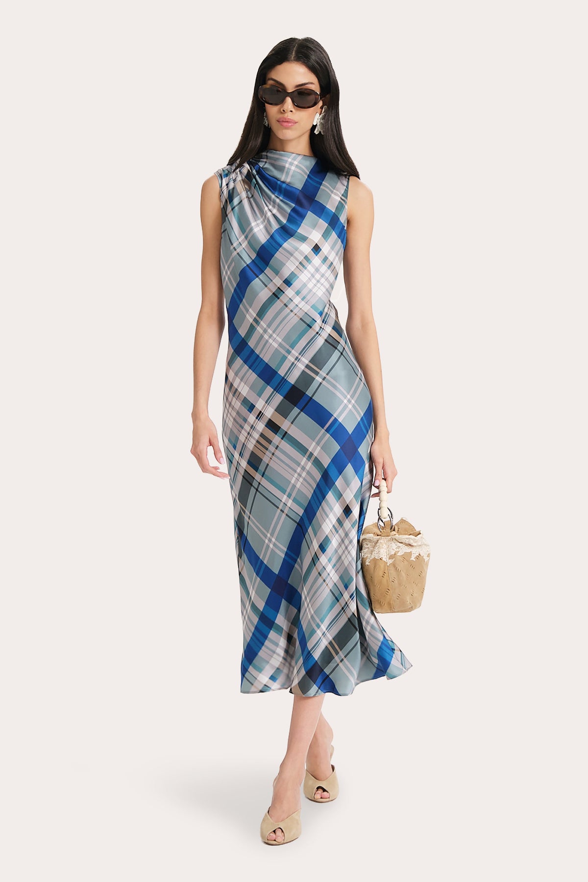 Elie Tahari Grace Silk Charmeuse Plaid Draped Midi Dress