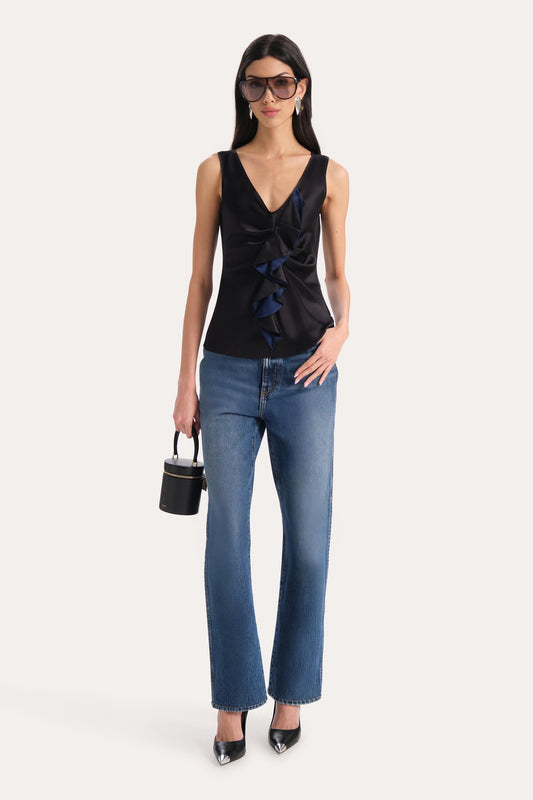 Elie Tahari Silk Satin Sleeveless Ruffle Top
